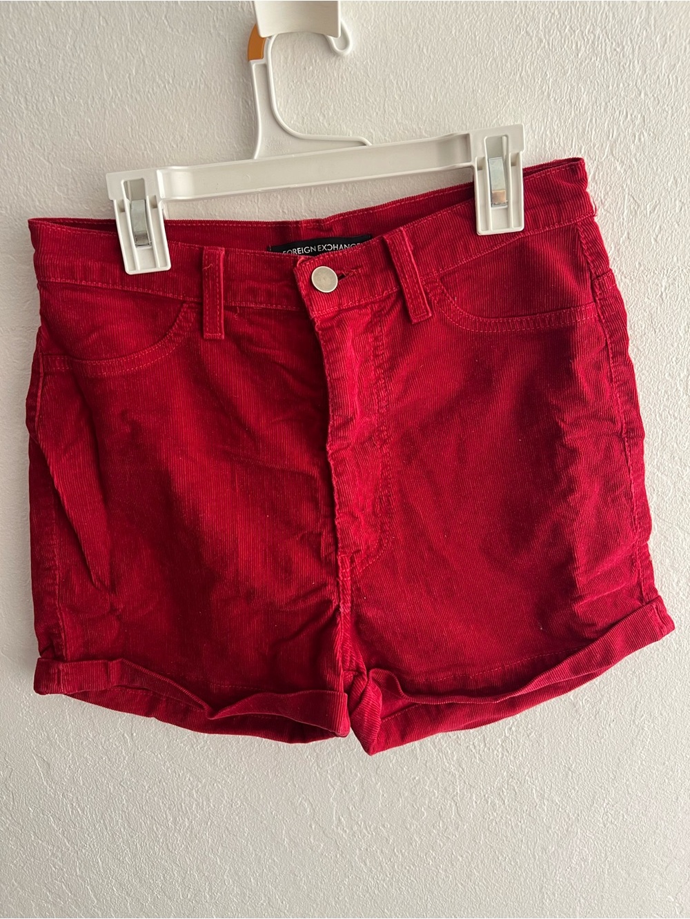 Foreign Exchange Red Corduroy High-Rise Shorts